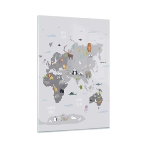 Impression sur verre - Image sur verre - Une carte du monde avec des illustrations d'animaux sur fond gris - 80x120cm - Dis-moi d'où tu viens... - Décoration murale moderne pour le salon et la chambre ARTTOR