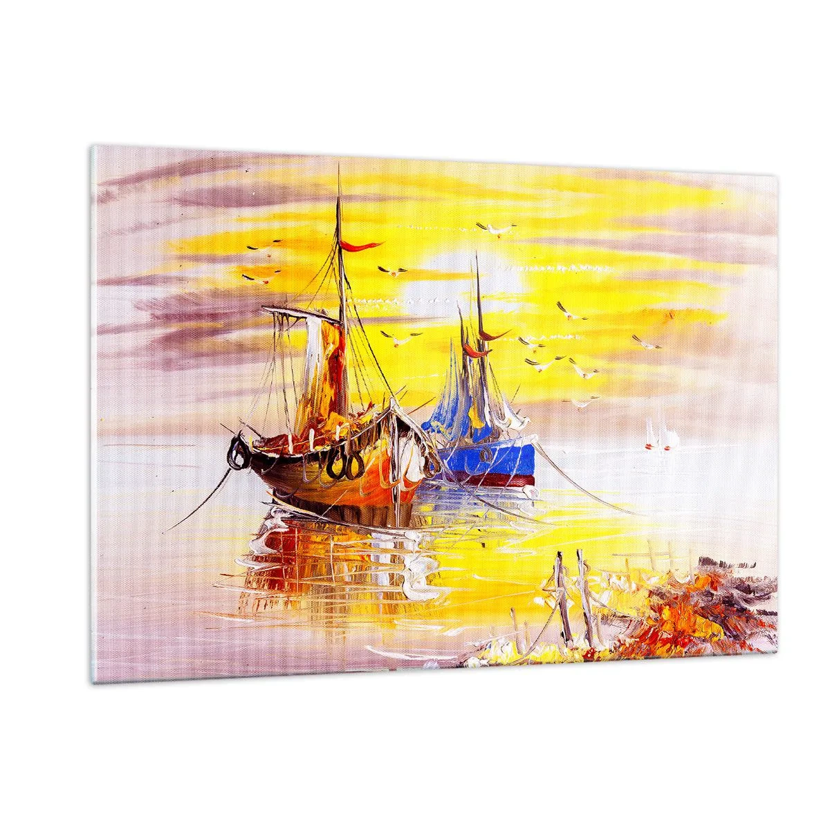 Impression sur verre - Image sur verre - Bateaux de pêche au coucher du soleil sur une eau calme - 120x80cm - Un repos bien mérité au port - Décoration murale moderne pour le salon et la chambre ARTTOR