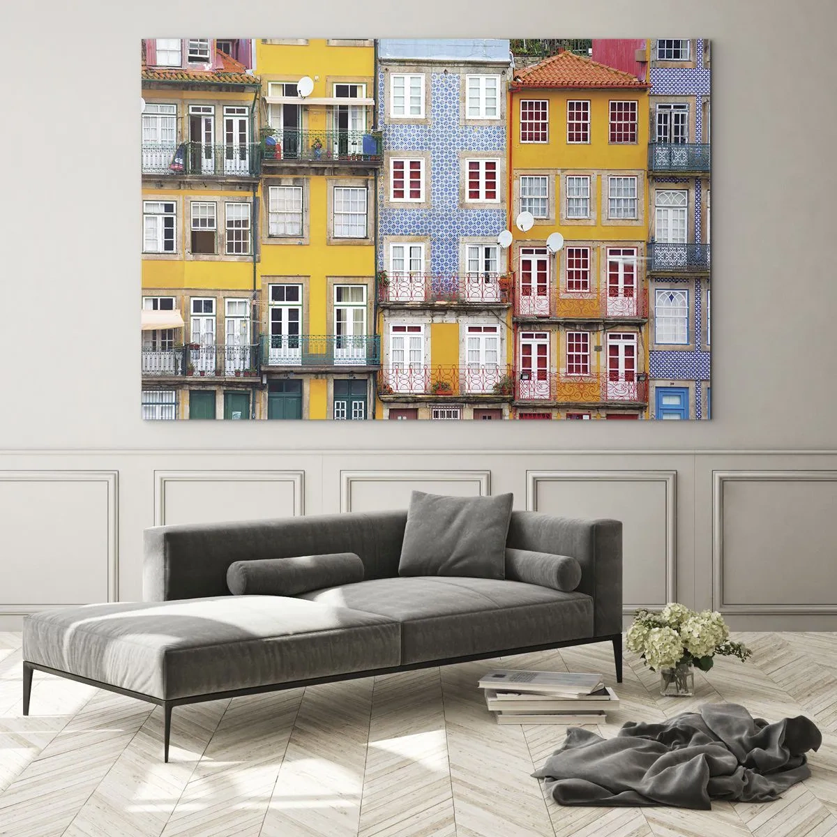 Impression sur verre - Image sur verre - Façades colorées d'immeubles avec détails de balcon - 100x70cm - Couleurs de vieille ville - Décoration murale moderne pour le salon et la chambre ARTTOR