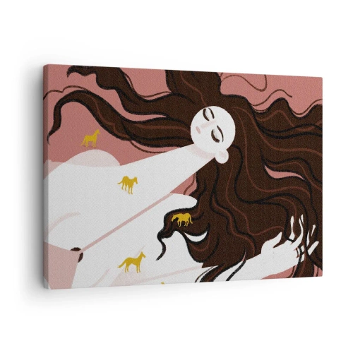 Impression sur toile - Image sur toile - Une silhouette aux yeux fermés entourée de chevaux dorés - 70x50cm - Rêve d'un cheval d'or - Décoration murale moderne pour le salon et la chambre ARTTOR