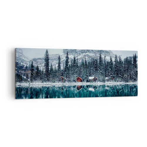 Impression sur toile - Image sur toile - Paysage d'hiver avec des chalets dans la forêt au bord d'un lac gelé - 140x50cm - Retraite canadienne - Décoration murale moderne pour le salon et la chambre ARTTOR