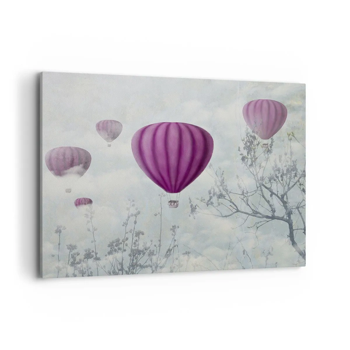 Impression sur toile - Image sur toile - Des ballons violets flottant au-dessus des arbres dans les nuages - 100x70cm - Comme des navires dans le ciel - Décoration murale moderne pour le salon et la chambre ARTTOR