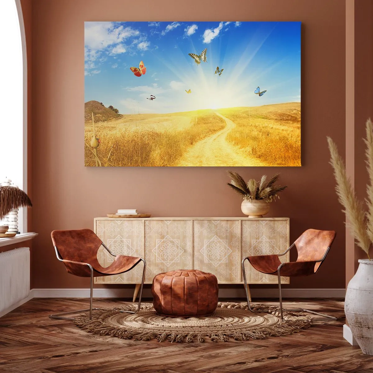 Impression sur toile - Image sur toile - Un champ doré, un chemin et des papillons contre un ciel bleu - 120x80cm - Et comment ne pas aimer l'été ? - Décoration murale moderne pour le salon et la chambre ARTTOR