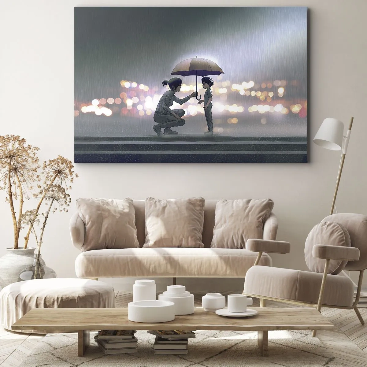 Impression sur toile - Image sur toile - Une silhouette avec un parapluie protégeant un enfant sur fond de lumières nocturnes. - 120x80cm - Et maintenant, tout va bien - Décoration murale moderne pour le salon et la chambre ARTTOR