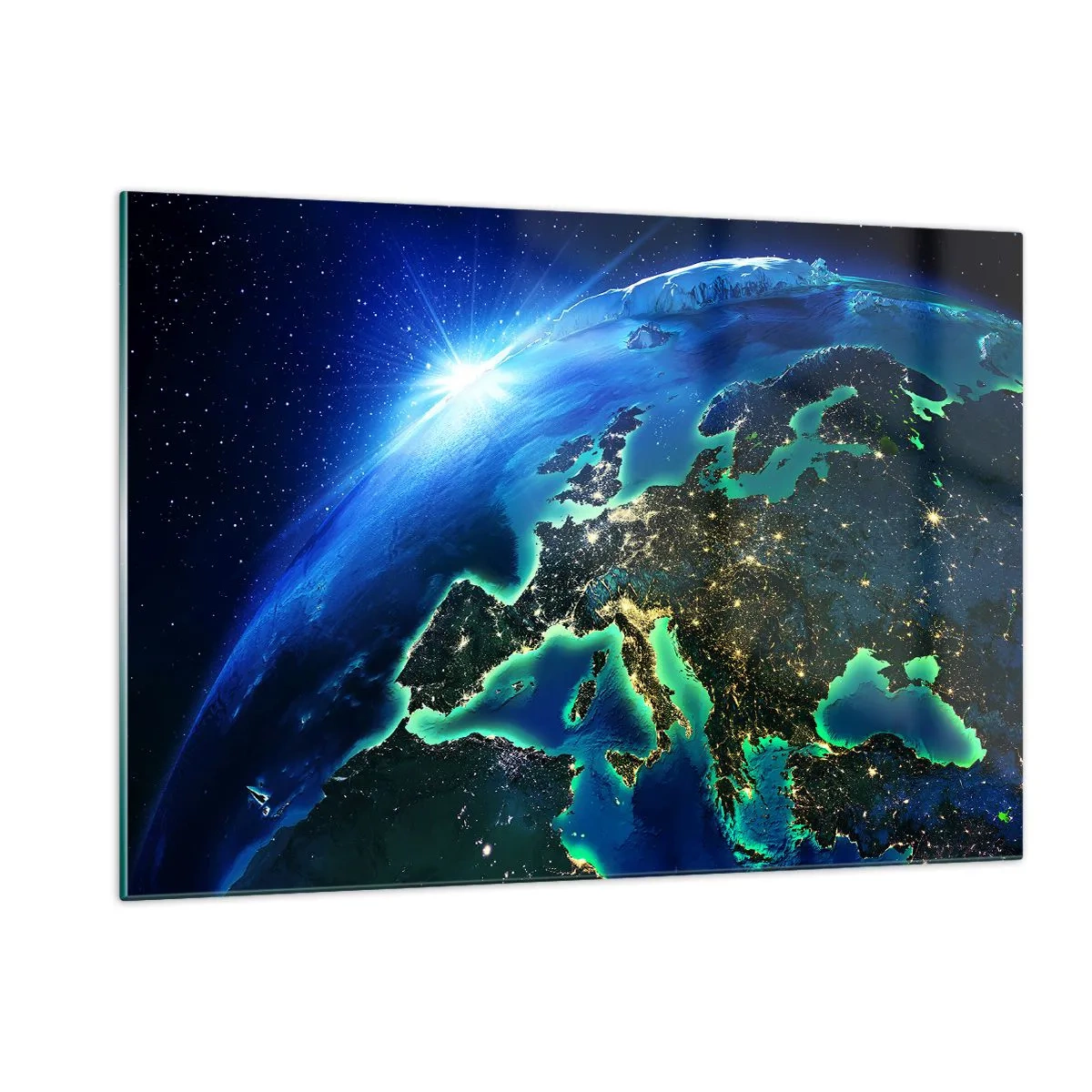 Impression sur verre - Image sur verre - Vue de la Terre depuis l'espace avec Europe illuminée la nuit - 120x80cm - Europe pétillante - Décoration murale moderne pour le salon et la chambre ARTTOR