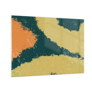 Impression sur verre - Image sur verre - Une abstraction fluide en moutarde, vert et orange. - 70x50cm - Abstraction – mouvement lent - Décoration murale moderne pour le salon et la chambre ARTTOR