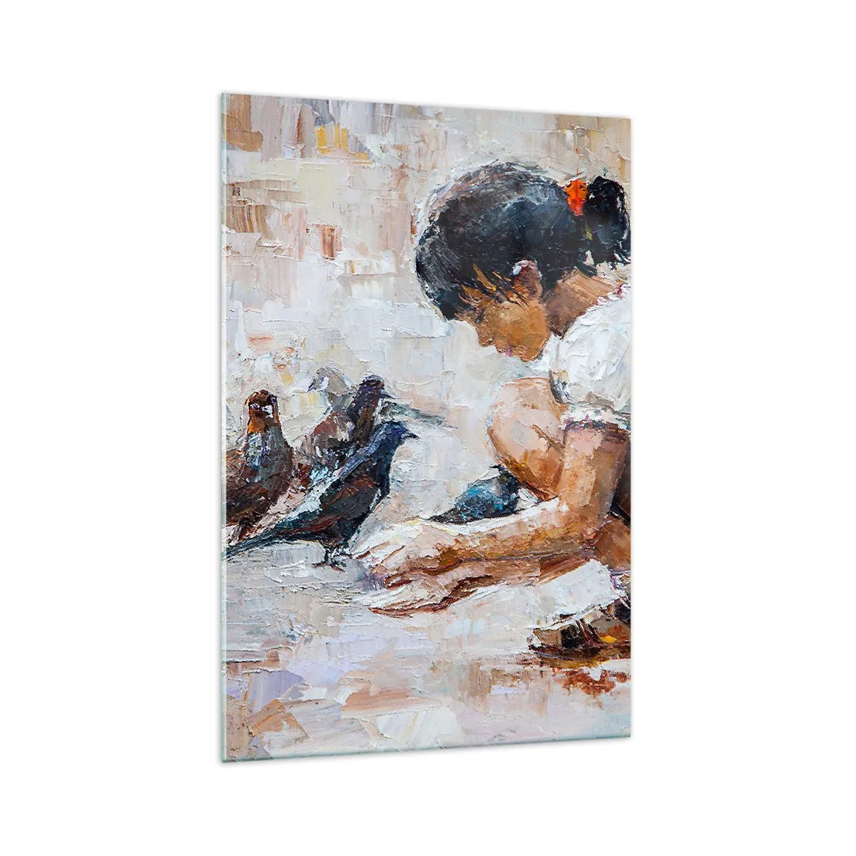 Impression sur verre - Image sur verre - Une fille nourrissant des oiseaux dans un style pictural - 70x100cm - Les plus petits et les plus gentils - Décoration murale moderne pour le salon et la chambre ARTTOR