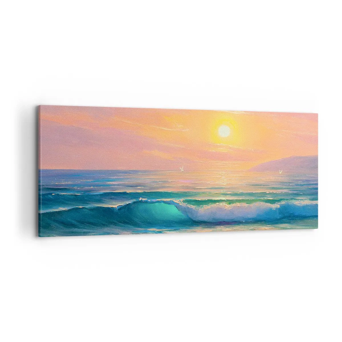Impression sur toile - Image sur toile - Paysage marin avec coucher de soleil - 120x50cm - Le chant turquoise des vagues - Décoration murale moderne pour le salon et la chambre ARTTOR