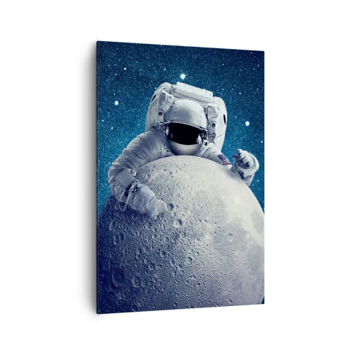 Impression sur toile - Image sur toile - Astronaute tenant la lune dans un ciel étoilé - 70x100cm - Comique de l'espace - Décoration murale moderne pour le salon et la chambre ARTTOR