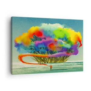 Impression sur toile - Image sur toile - Une silhouette avec de la fumée colorée à l'arrière-plan d'un arbre dans la nature - 70x50cm - Donner vie à ce monde - Décoration murale moderne pour le salon et la chambre ARTTOR