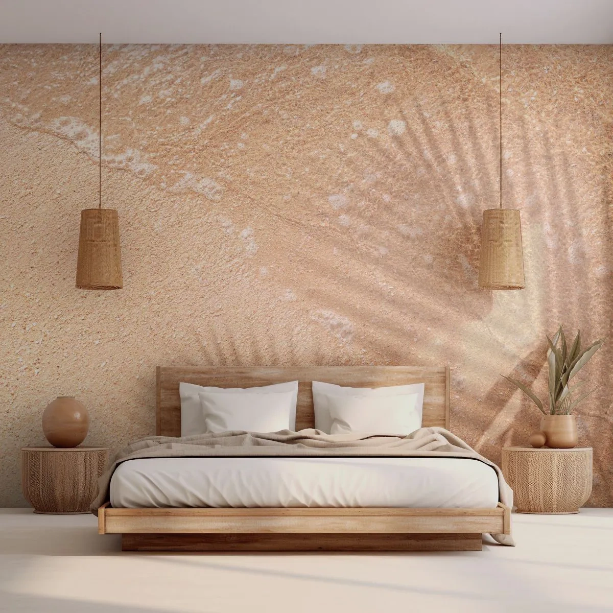 Papier Peint Photo Standard Eco - Ombre d'un été chaud - Abstraction, Sable sur la plage, Feuilles - 500x350 cm