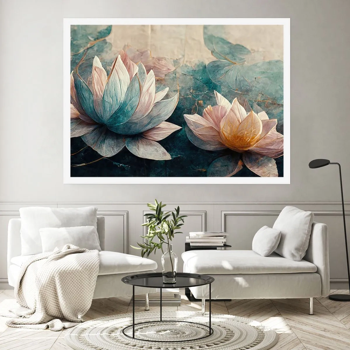 Affiche - Poster - De subtils nénuphars aux tons pastel de bleu et d'or - 100x70cm - Les étoiles du lac - Décoration murale moderne pour le salon et la chambre ARTTOR