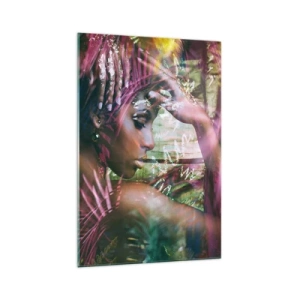 Impression sur verre - Image sur verre - Portrait d'une femme entourée d'une végétation exotique - 70x100cm - Dame Nature dans la jungle - Décoration murale moderne pour le salon et la chambre ARTTOR