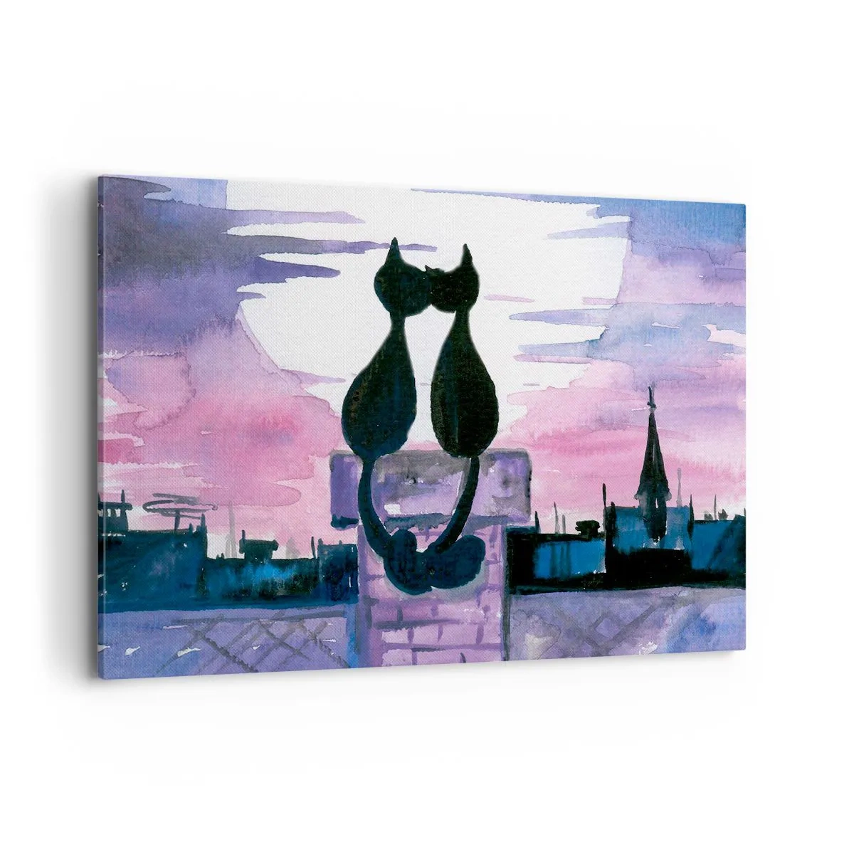 Impression sur toile - Image sur toile - Chats noirs sur un toit au clair de lune dans un décor aquarelle - 120x80cm - Rendez-vous sous la lune - Décoration murale moderne pour le salon et la chambre ARTTOR
