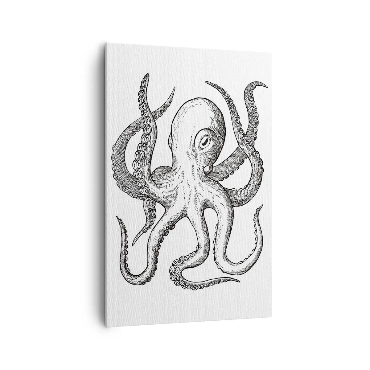 Impression sur toile - Image sur toile - Dessin noir et blanc d'une pieuvre sur fond blanc dans un style vintage - 80x120cm - Dansant avec les vagues - Décoration murale moderne pour le salon et la chambre ARTTOR