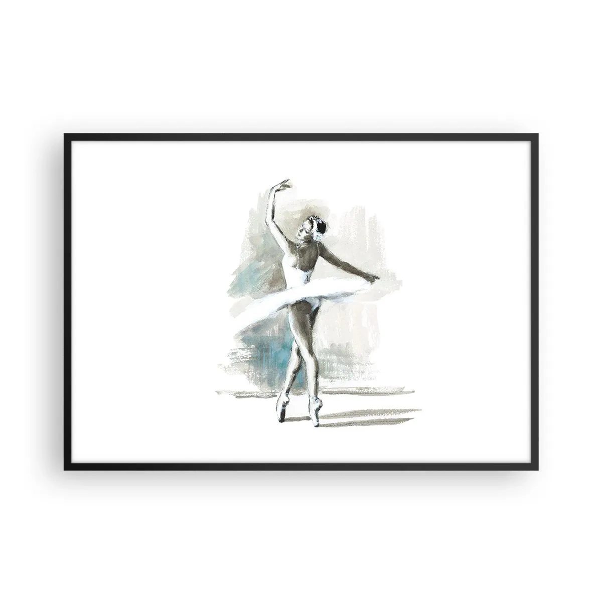 Affiche dans un cadre noir - Poster - Une danseuse de ballet dans une pose de ballet sur un fond de tons aquarelle délicats. - 100x70cm - Enchantement du cygne - Décoration murale moderne pour le salon et la chambre ARTTOR