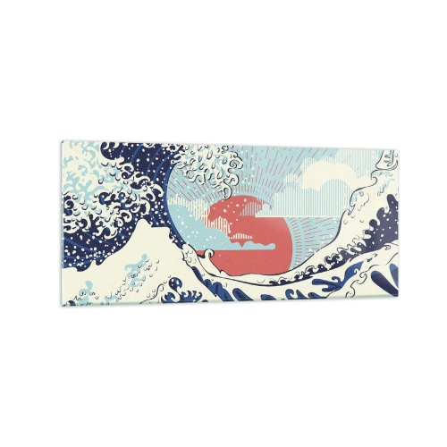 Impression sur verre - Image sur verre - Vagues de l'océan et coucher de soleil à la japonaise - 120x50cm - D'une inspiration japonnaise - Décoration murale moderne pour le salon et la chambre ARTTOR