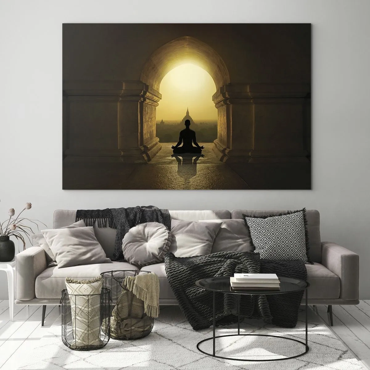 Impression sur verre - Image sur verre - Silhouette d'une personne méditant à la lumière du soleil couchant dans une arche architecturale - 100x70cm - Pleine harmonie - Décoration murale moderne pour le salon et la chambre ARTTOR