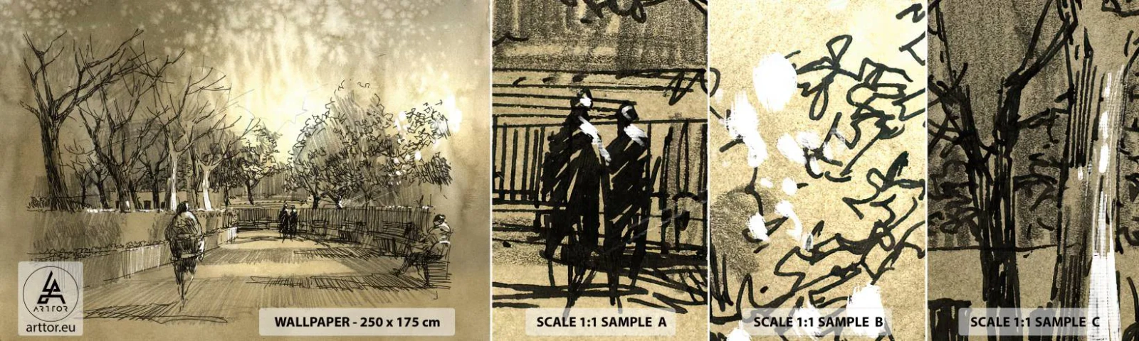 Échantillon de Papier Peint Autocollant Deluxe Sticker - Un moment arrêté avec une plume - Allée du parc, Parc, Sépia - 100x30 cm