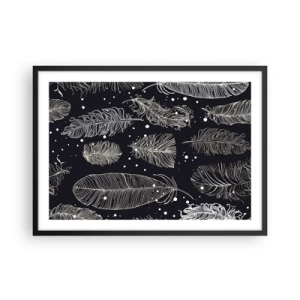 Affiche dans un cadre noir - Poster - Plumes blanches délicates sur fond bleu marine - 70x50cm - Toile de plumes - Décoration murale moderne pour le salon et la chambre ARTTOR
