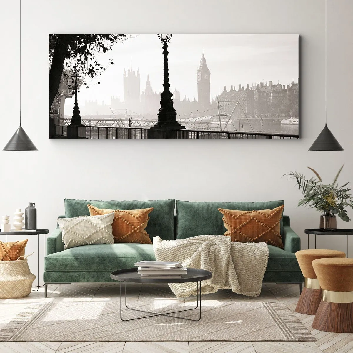 Impression sur toile - Image sur toile - Une vue monochrome de Big Ben et de la Tamise. - 140x50cm - Un matin londonien - Décoration murale moderne pour le salon et la chambre ARTTOR
