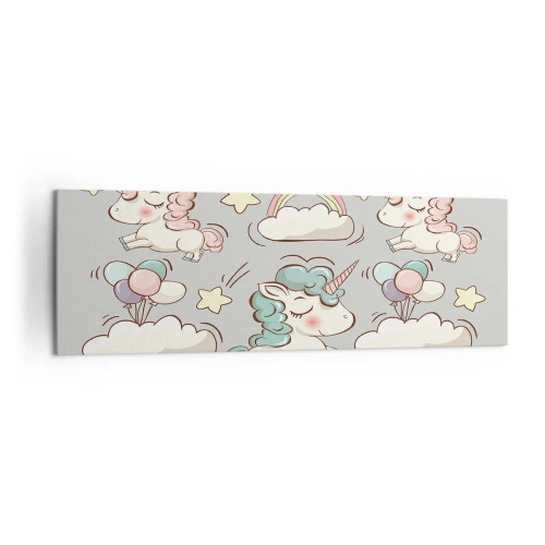 Impression sur toile - Image sur toile - Licornes mignonnes sur fond pastel - 160x50cm - Ils existe, c'est sûr… - Décoration murale moderne pour le salon et la chambre ARTTOR