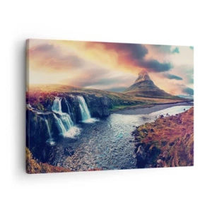 Impression sur toile - Image sur toile - Vue de la cascade et de la montagne à la lumière du soleil couchant - 70x50cm - Dans la majesté de la nature - Décoration murale moderne pour le salon et la chambre ARTTOR