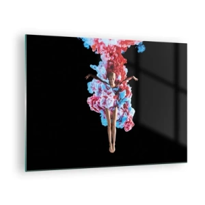 Impression sur verre - Image sur verre - Une danseuse entourée de fumée colorée sur fond noir - 70x50cm - En pleine floraison - Décoration murale moderne pour le salon et la chambre ARTTOR
