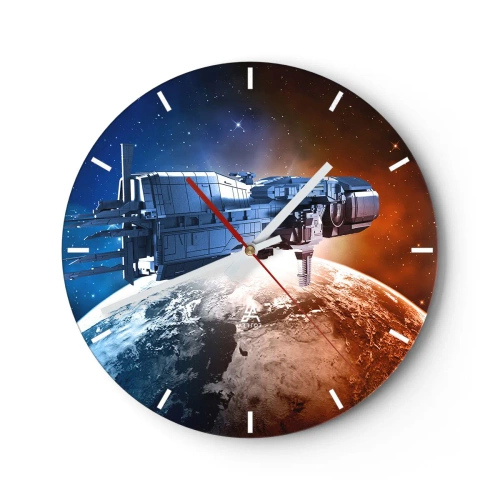 Horloge murale - Pendule murale - Un cadran d'horloge avec un motif de vaisseau spatial planant au-dessus de la Terre - 30x30cm - Un observateur attentif - Décoration murale moderne pour le salon, la cuisine et la chambre ARTTOR