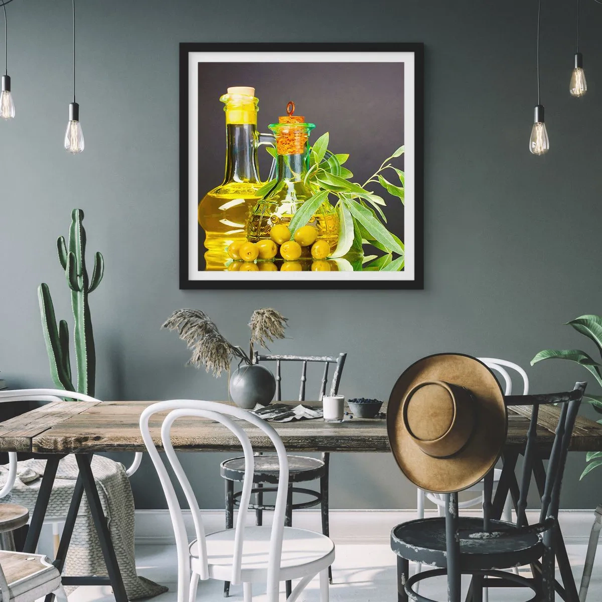 Affiche dans un cadre noir - Poster - Nature morte aux olives et à l'huile d'olive - 50x50 cm
