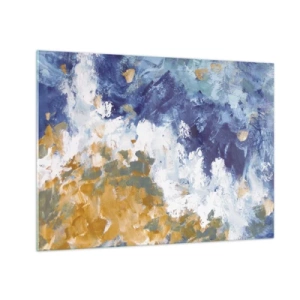 Impression sur verre - Image sur verre - Coups de peinture abstraits en bleu, blanc et or - 70x50cm - Danse des éléments - Décoration murale moderne pour le salon et la chambre ARTTOR