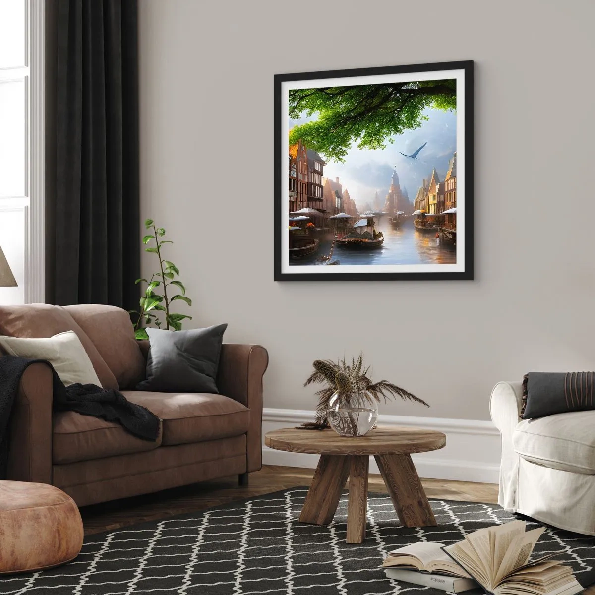 Affiche dans un cadre noir - Poster - Paysage urbain néerlandais - 60x60 cm