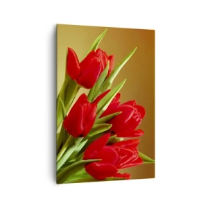 Impression sur toile - Image sur toile - Un bouquet de tulipes rouges sur fond doré avec des feuilles vertes. - 70x100cm - Amas de joie printanière - Décoration murale moderne pour le salon et la chambre ARTTOR