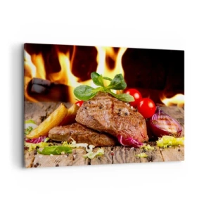 Impression sur toile - Image sur toile - Steak grillé avec accompagnements sur fond de flammes - 100x70cm - Ensorcelé par la braise - Décoration murale moderne pour le salon et la chambre ARTTOR