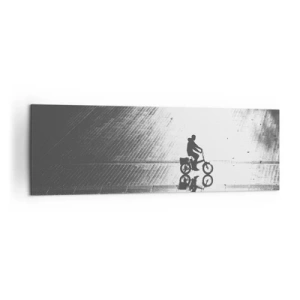 Impression sur toile - Image sur toile - Silhouette noire et blanche d'un cycliste sur une rue mouillée - 160x50cm - Devant moi, à travers la ville - Décoration murale moderne pour le salon et la chambre ARTTOR