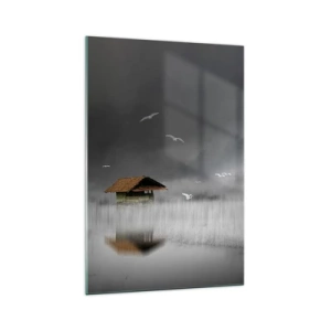 Impression sur verre - Image sur verre - Un chalet solitaire sur l'eau entouré de brouillard et d'oiseaux - 70x100cm - A l'abri de la pluie - Décoration murale moderne pour le salon et la chambre ARTTOR