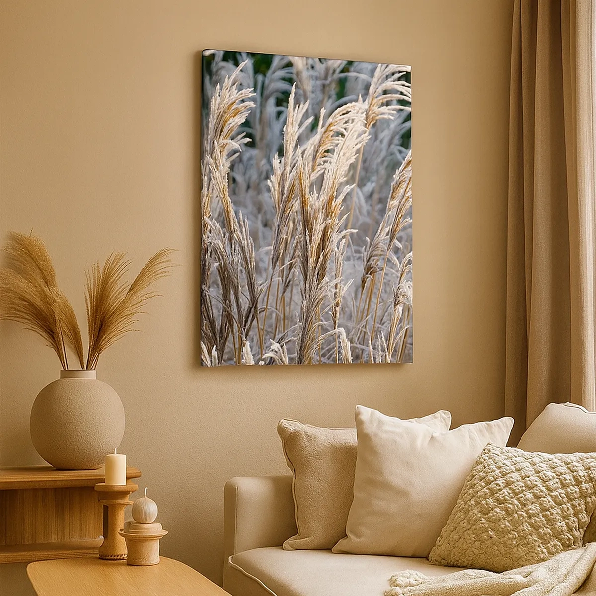 Impression sur toile - Image sur toile - Brins d'herbe d'hiver recouverts de givre sur un fond vert foncé - 50x70cm - Habillé de givre - Décoration murale moderne pour le salon et la chambre ARTTOR