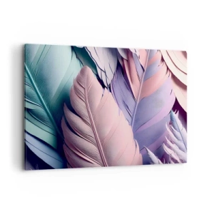 Impression sur toile - Image sur toile - Plumes colorées dans des tons pastel sur un fond clair - 120x80cm - Oiseau chic - Décoration murale moderne pour le salon et la chambre ARTTOR