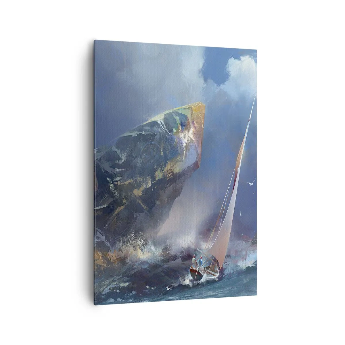 Impression sur toile - Image sur toile - Un voilier dans une tempête au pied d'un rocher massif - 70x100cm - Celui qui est courageux, gagne - Décoration murale moderne pour le salon et la chambre ARTTOR