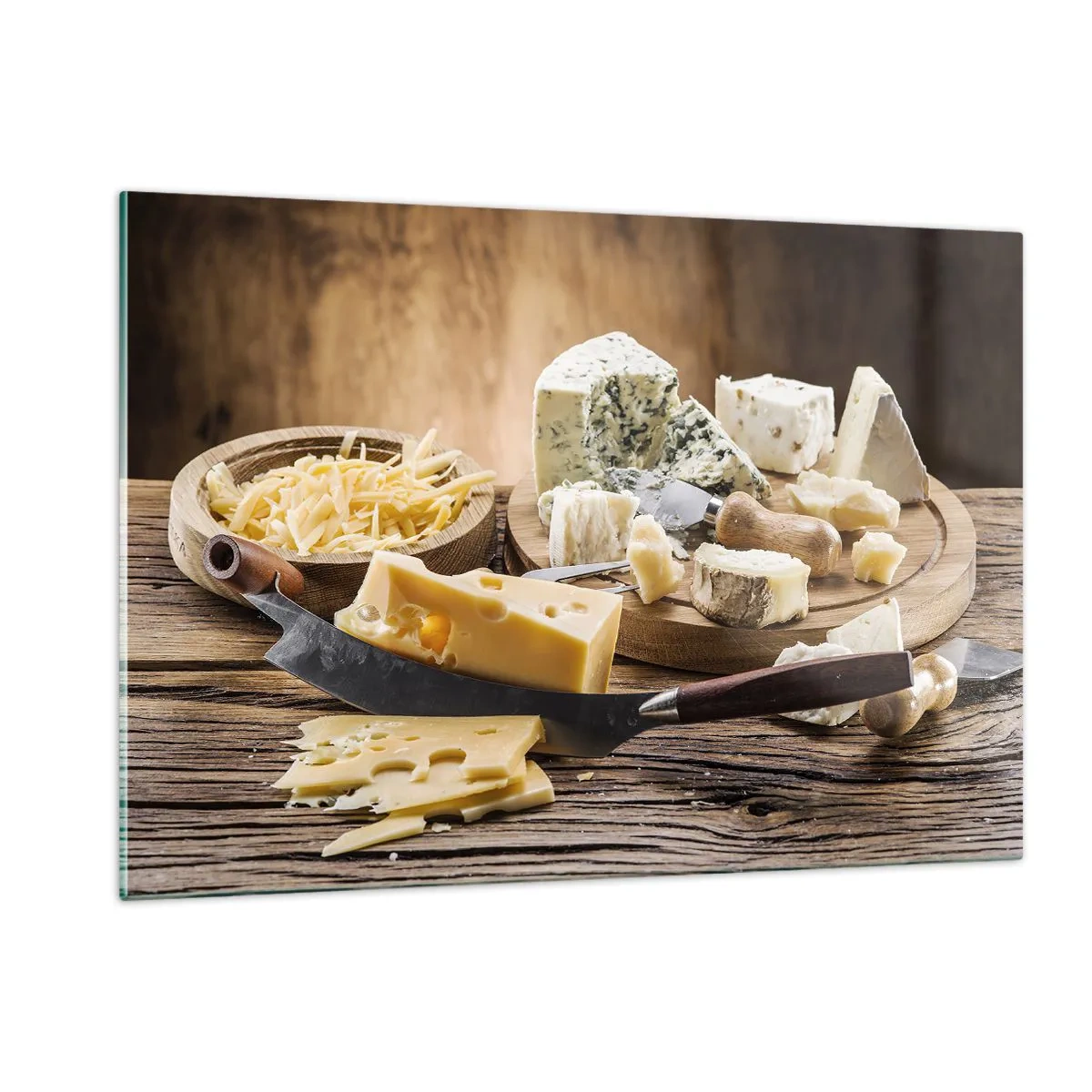 Impression sur verre - Image sur verre - Plateau de fromages avec couteau sur table rustique - 120x80cm - Sourire au fromage - Décoration murale moderne pour le salon et la chambre ARTTOR