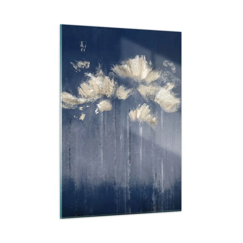 Impression sur verre - Image sur verre - Composition florale abstraite dorée sur fond bleu marine - 50x70cm - Comme des pétales au vent - Décoration murale moderne pour le salon et la chambre ARTTOR