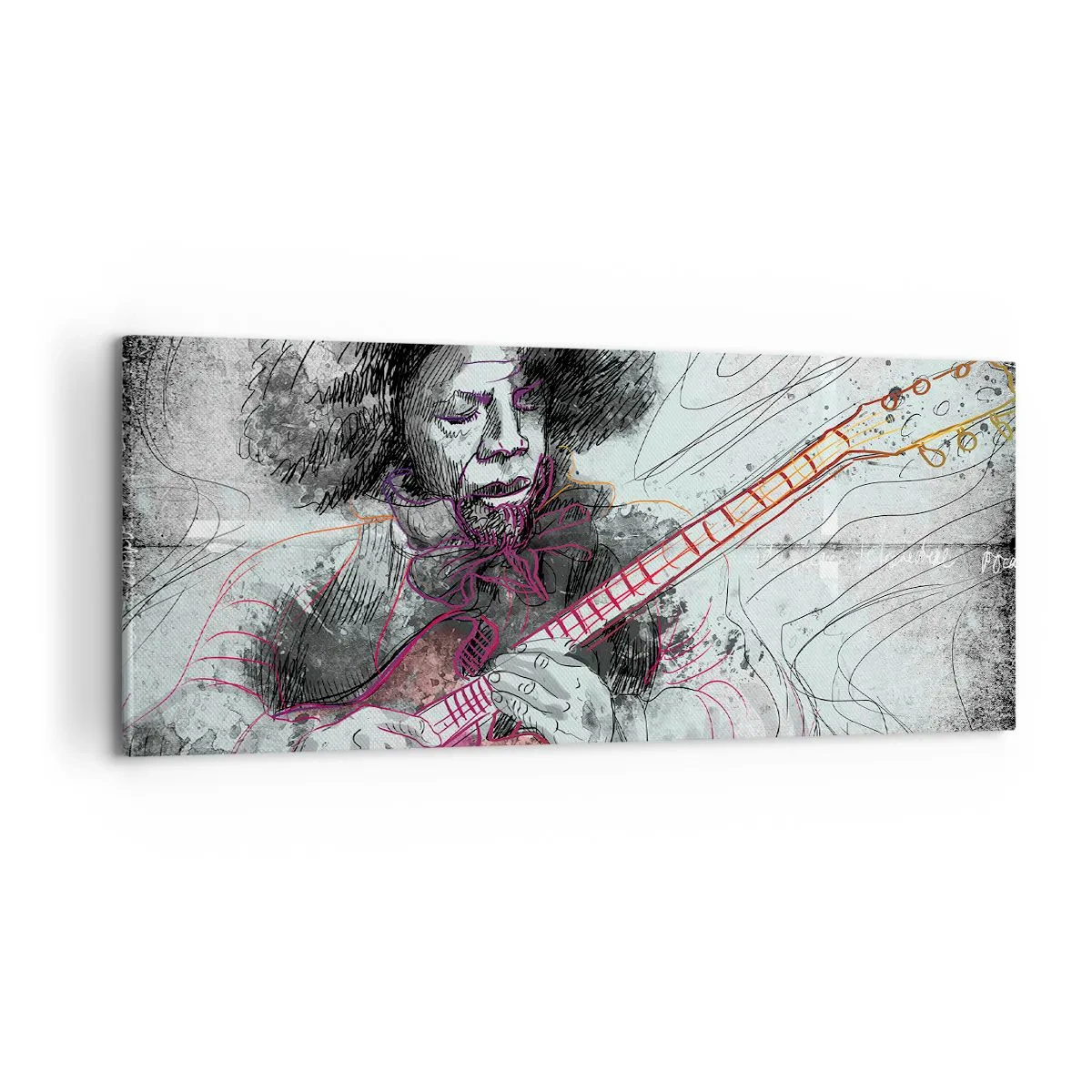 Impression sur toile - Image sur toile - Portrait artistique d'un guitariste en technique d'esquisse - 120x50cm - Sur les vagues de la musique - Décoration murale moderne pour le salon et la chambre ARTTOR