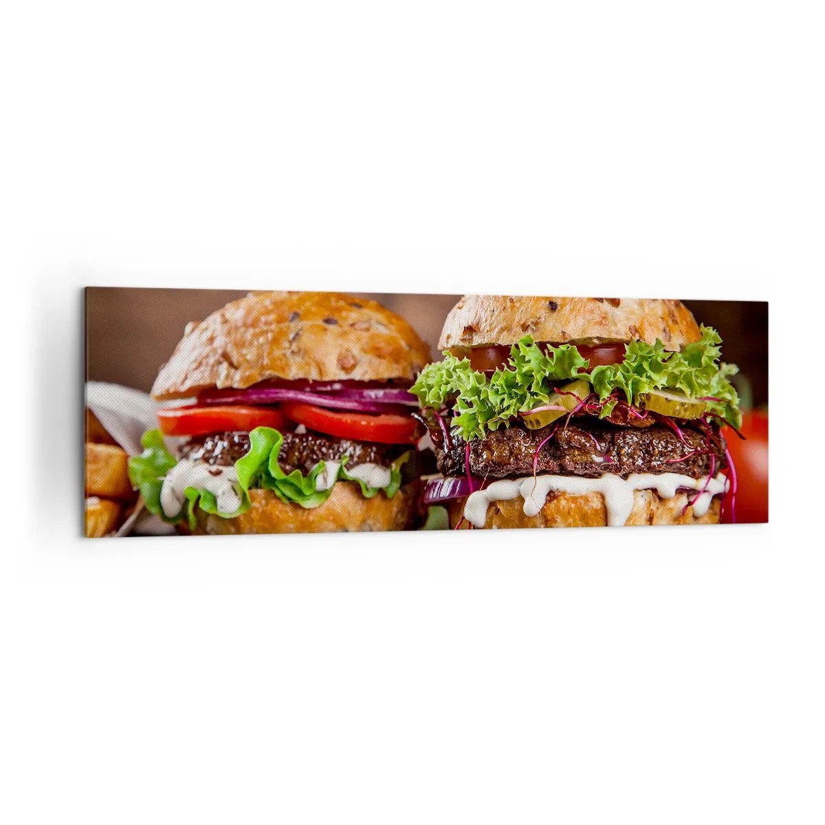Impression sur toile - Image sur toile - Burgers appétissants avec légumes et sauce - 160x50cm - American dream - Décoration murale moderne pour le salon et la chambre ARTTOR