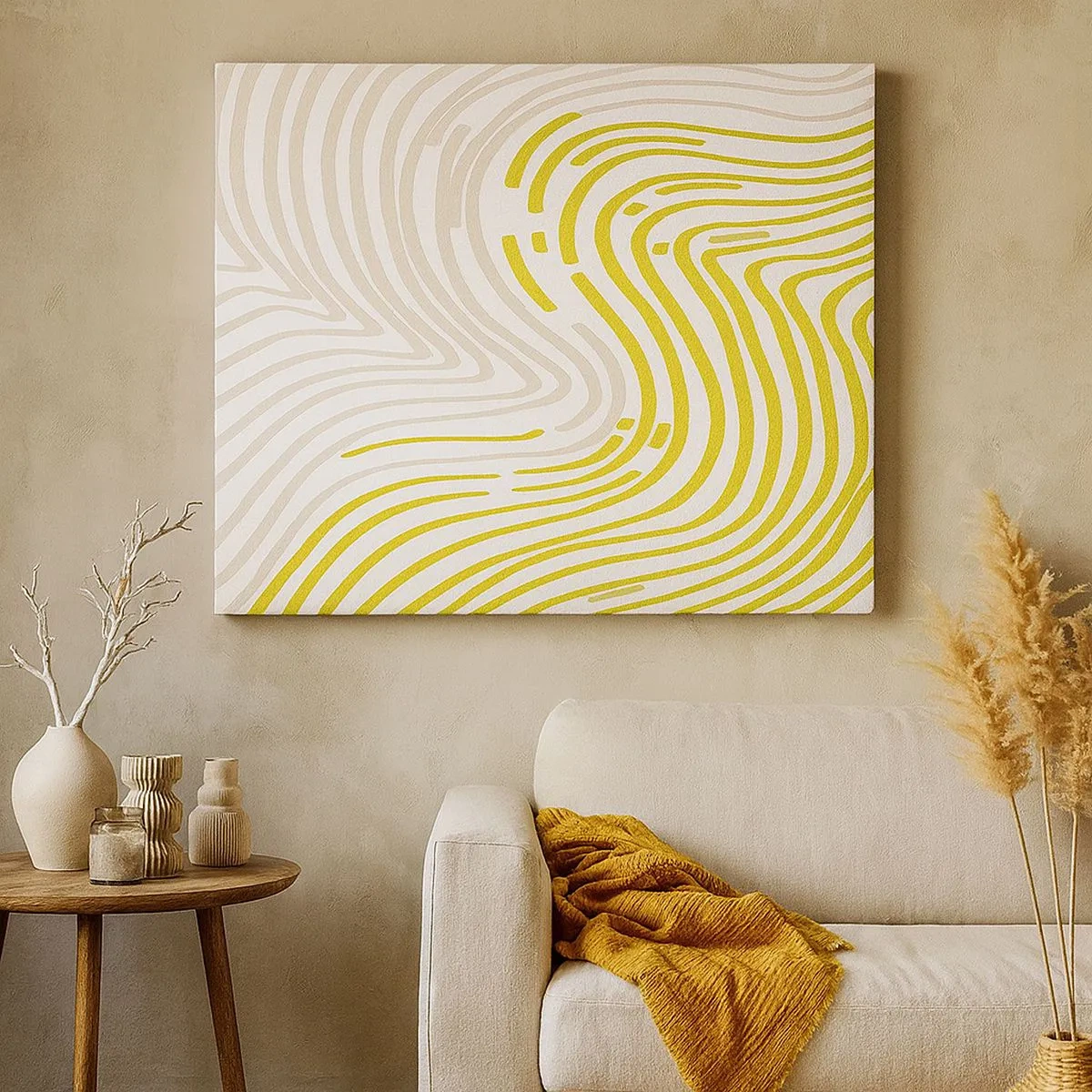 Impression sur toile - Image sur toile - Un motif abstrait avec des lignes ondulées dans des tons de jaune et de beige. - 70x50cm - Une composition au léger virage - Décoration murale moderne pour le salon et la chambre ARTTOR