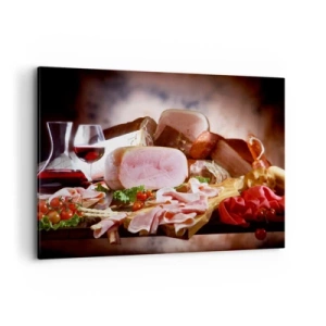Impression sur toile - Image sur toile - Charcuterie au vin sur fond rustique - 100x70cm - Un rêve culinaire avec une carafe - Décoration murale moderne pour le salon et la chambre ARTTOR