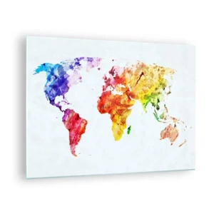 Impression sur verre - Image sur verre - Carte du monde à l'aquarelle aux couleurs vives - 70x50cm - Toutes les couleurs du monde - Décoration murale moderne pour le salon et la chambre ARTTOR