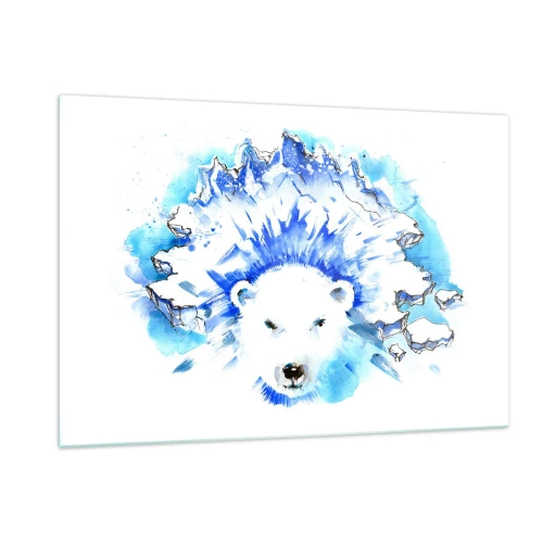 Impression sur verre - Image sur verre - Un ours polaire sur fond de montagnes glacées aux nuances de bleu. - 120x80cm - Le roi de l'Arctique dans une couronne de glace - Décoration murale moderne pour le salon et la chambre ARTTOR