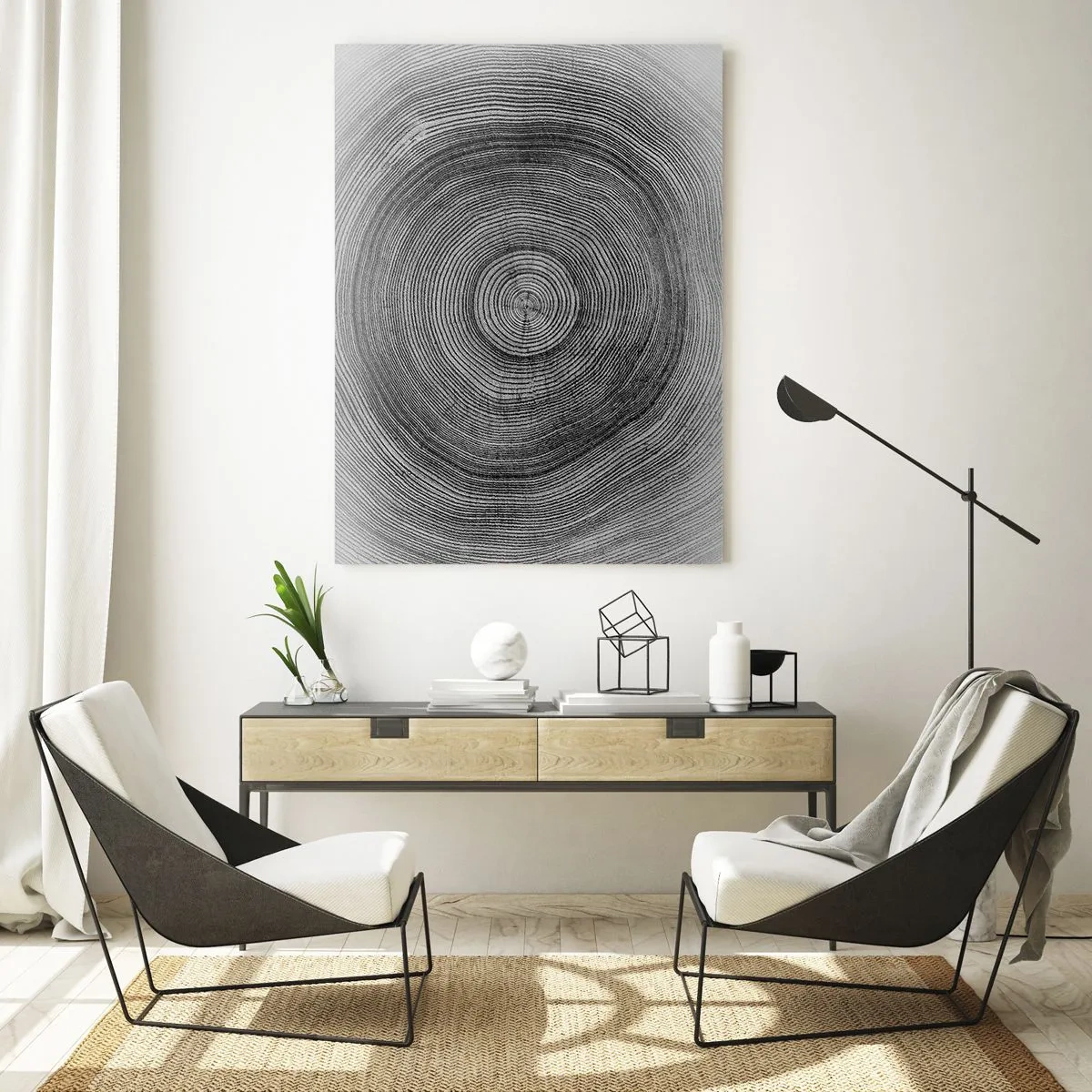 Impression sur verre - Image sur verre - Lignes concentriques d'anneaux d'arbres présentées dans une esthétique en noir et blanc - 50x70cm - Signe du temps - Décoration murale moderne pour le salon et la chambre ARTTOR