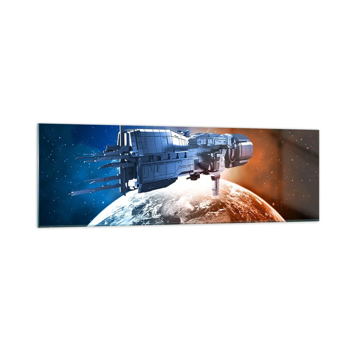 Impression sur verre - Image sur verre - Un vaisseau spatial avec en arrière-plan une planète dans l'espace - 160x50cm - Un observateur attentif - Décoration murale moderne pour le salon et la chambre ARTTOR