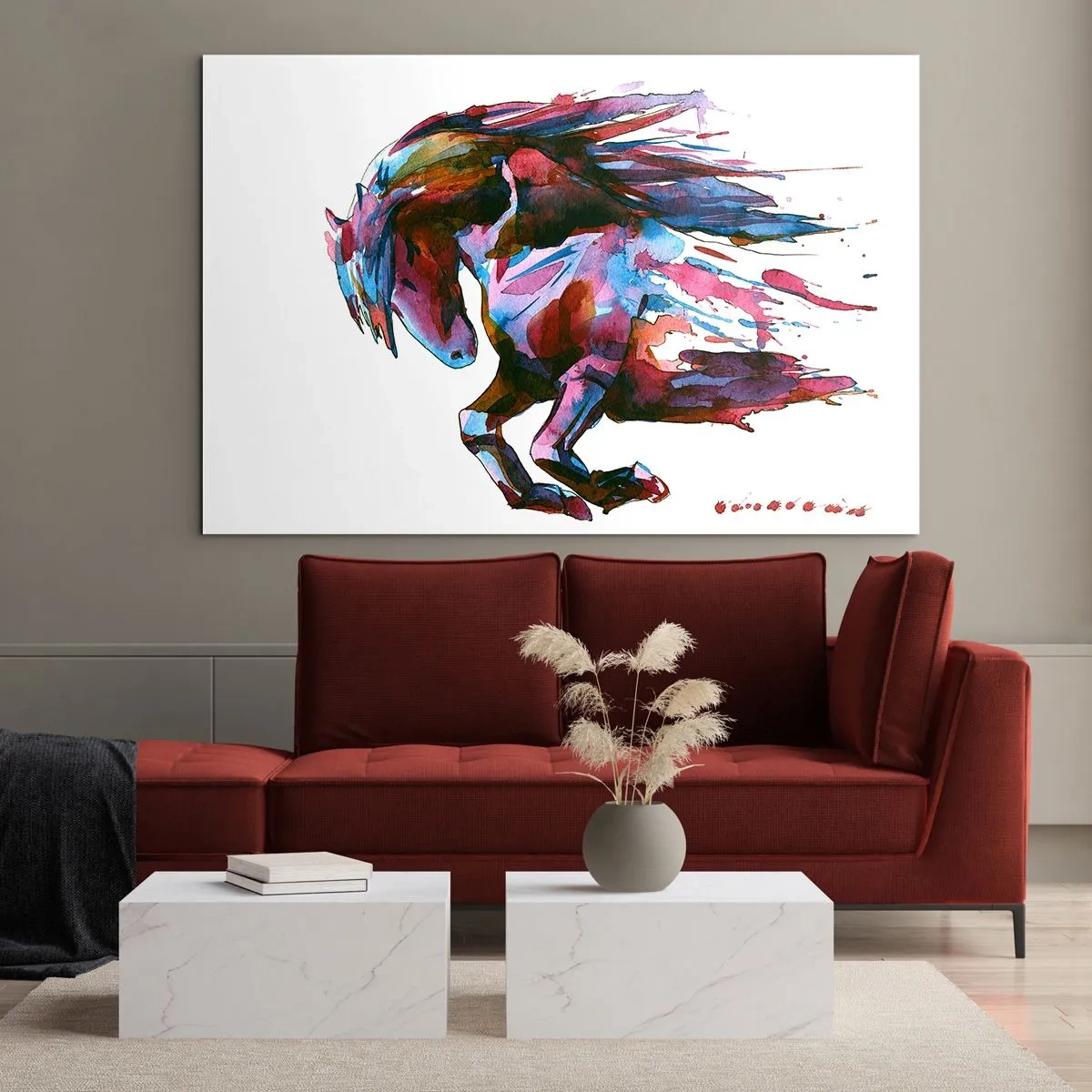 Impression sur verre - Image sur verre - Cheval abstrait dans une composition de couleurs dynamiques - 70x50cm - Dans le ravissement - Décoration murale moderne pour le salon et la chambre ARTTOR